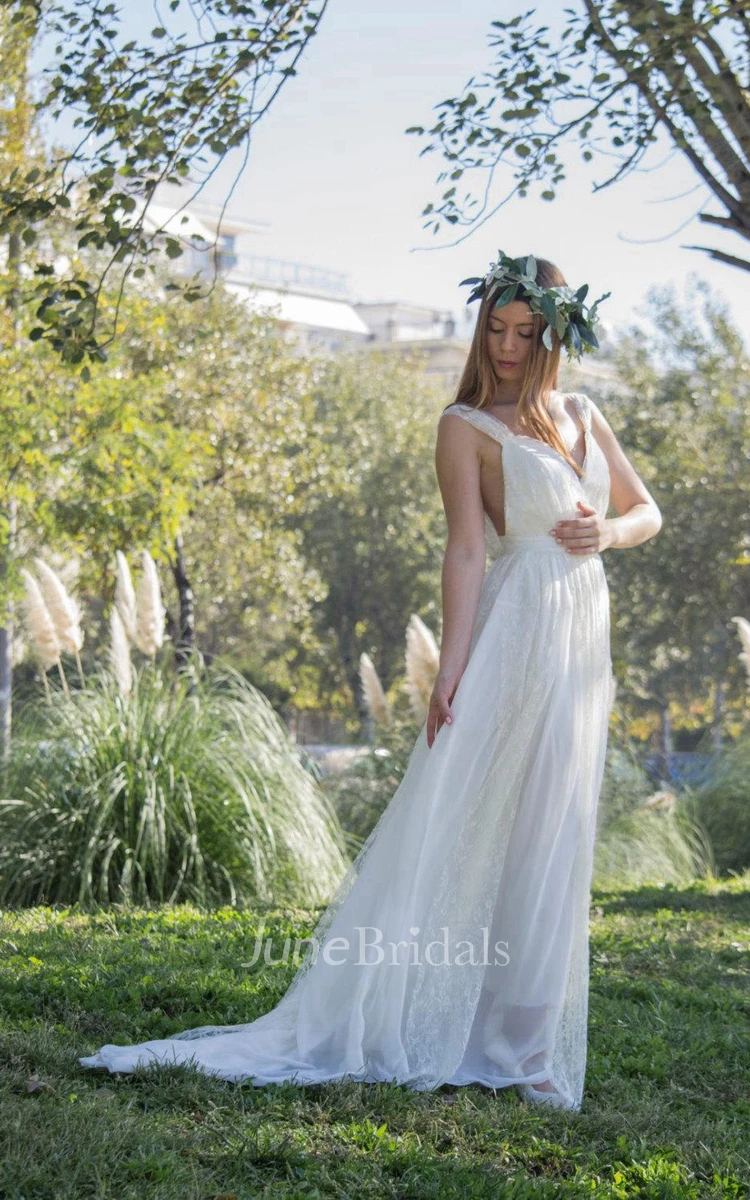 Bohemian Long Lace Wedding Dress With V-Neck
