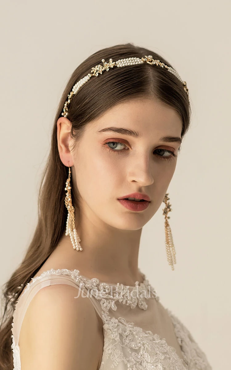 Trendy Pearl Alloy Bridal Headbands and Earrings 
