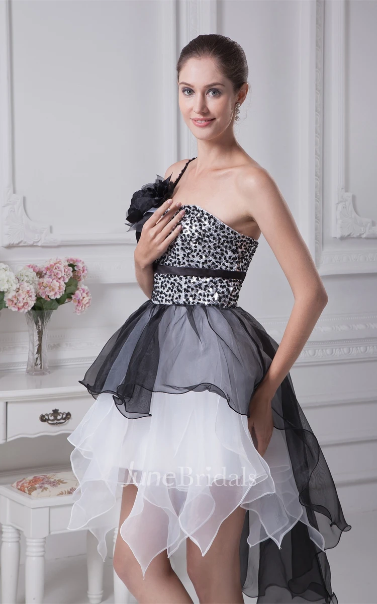 High-Low Flowered One-Shoulder Beaded Bodice Gown with Layered Ruffles