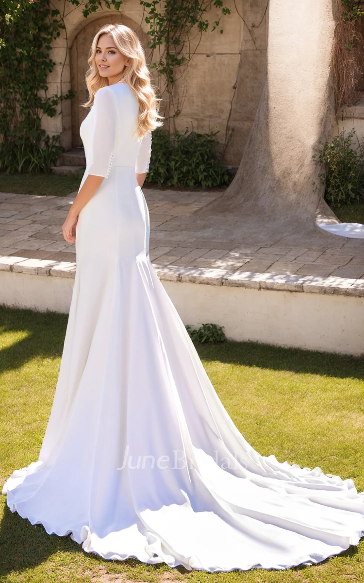 Simple Modern Mermaid Split Front Summer Wedding Dress Beach V-Neck Half Sleeve Chiffon Bridal Gown