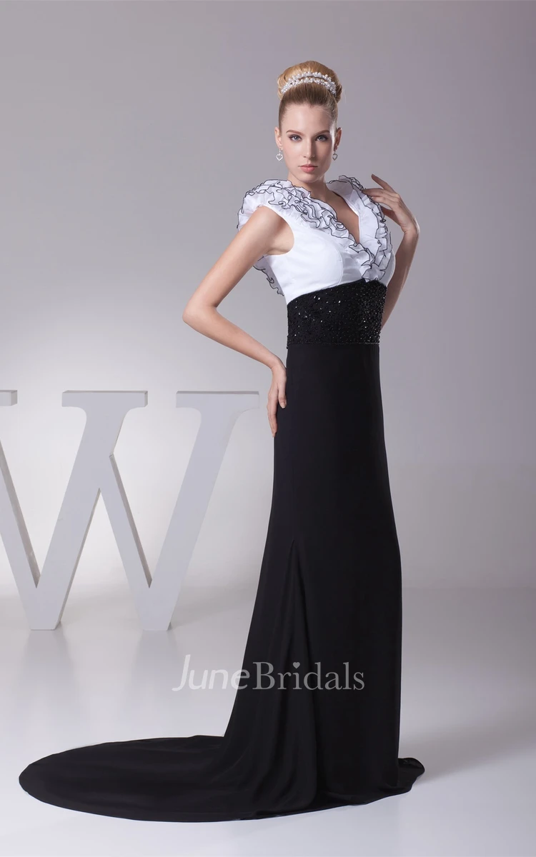 Two-Tone Plunged Sheath Maxi Dress with Beading and Ruffles