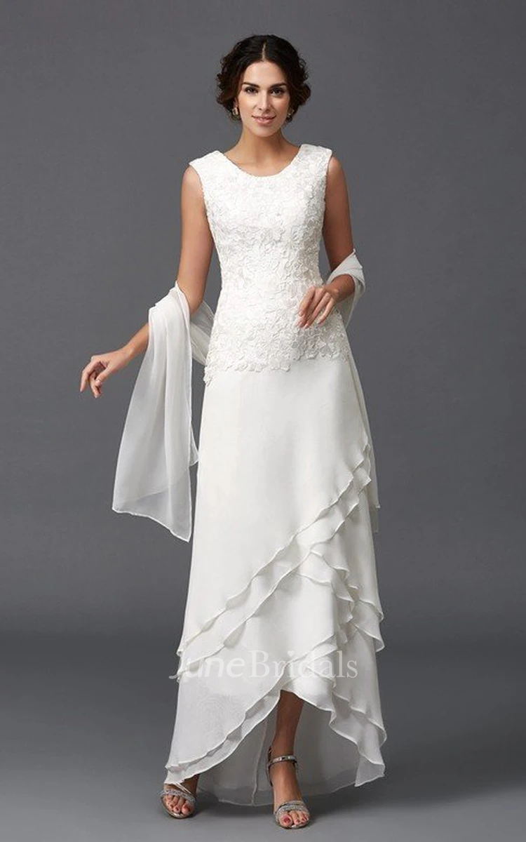 A-Line Bateau Chiffon Lace Beach Mother of the Bride Dress Simple Bohemian Romantic With Zipper Back And Appliques And Sleeveless