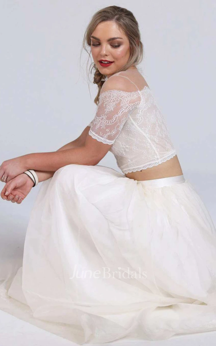Illusion Off-The-Shoulder Lace Short Sleeve Two Piece Wedding Dress and Pearly Headdress Simple Style Wedding Headdress
