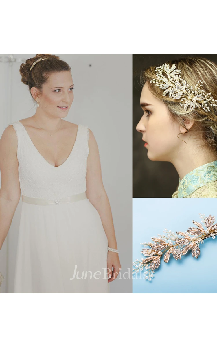 Sleeveless Plunged Chiffon Floor-Length Wedding Dress and Handmade Pearl Diamond Gold Headdress Accessories