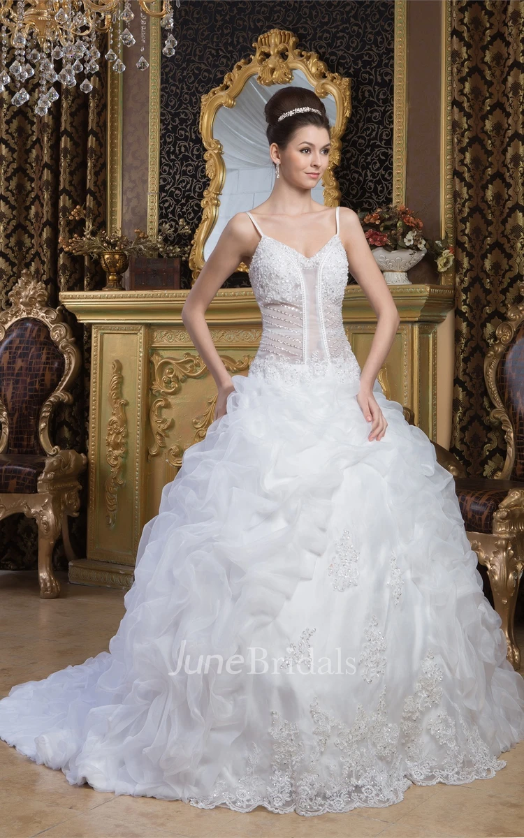 Spaghetti-Strap Pick-Up Ball Gown with Lace and Illusion Top