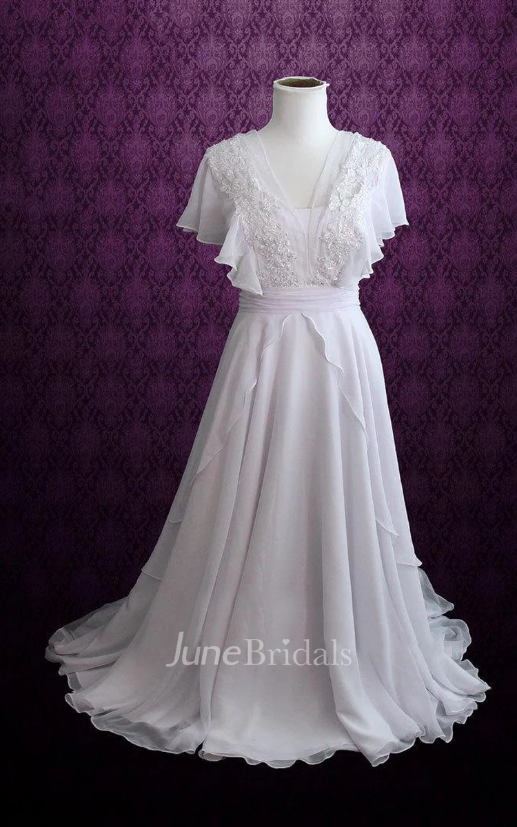 V-neck A-line Chiffon Wedding Dress With Appliques And Cascading Ruffles