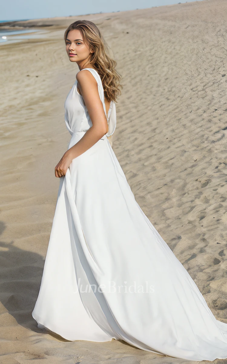 Flowy Beach Boho A-Line Wedding Dress Wrap Vintage Country Elegant Lace Chiffon Low Back Sleeveless Bridal Gown