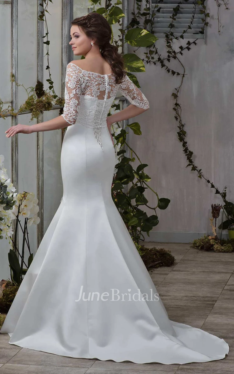 Off-The-Shoulder Lace Half Sleeve Mermaid Wedding Dress With Corset Back