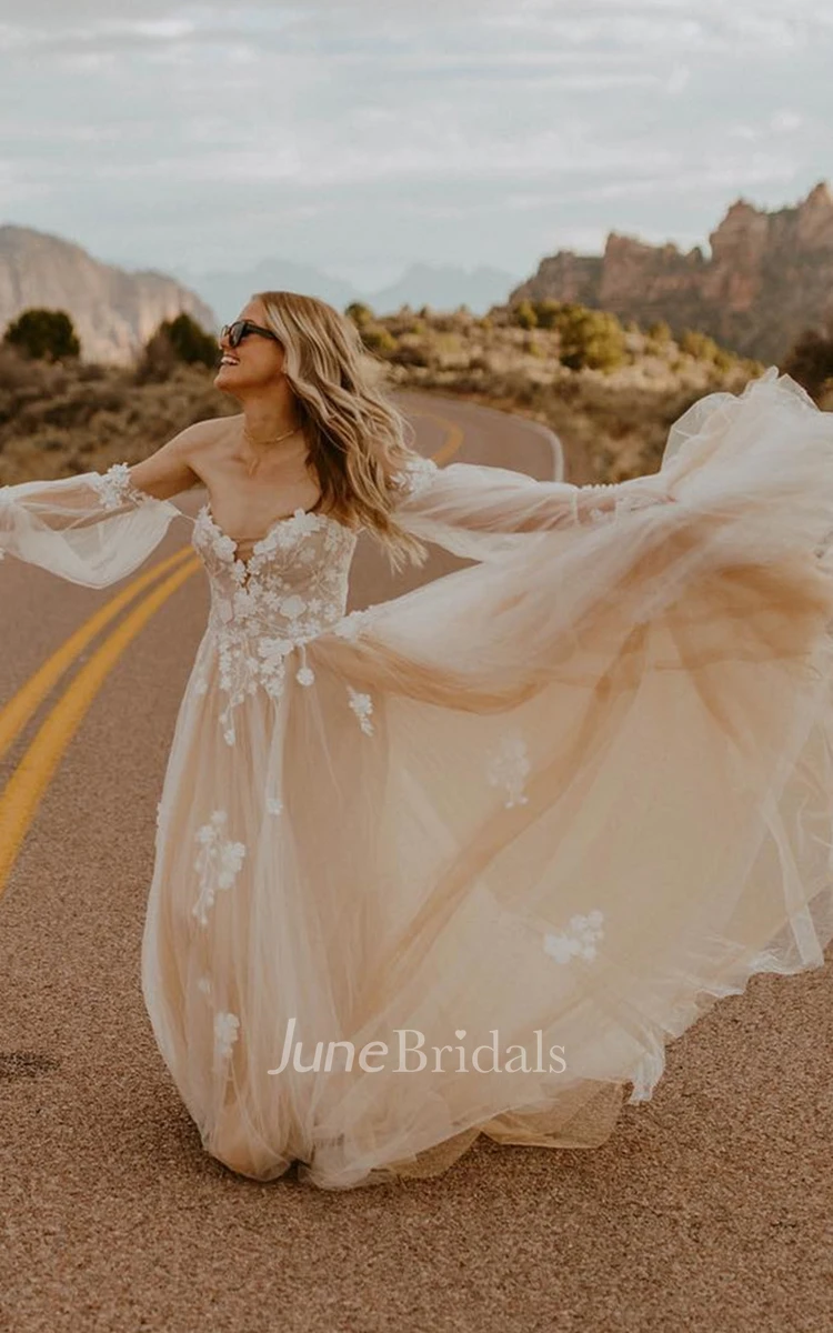 Bohemian A Line Sweetheart Tulle Sweep Train Wedding Dress with Appliques