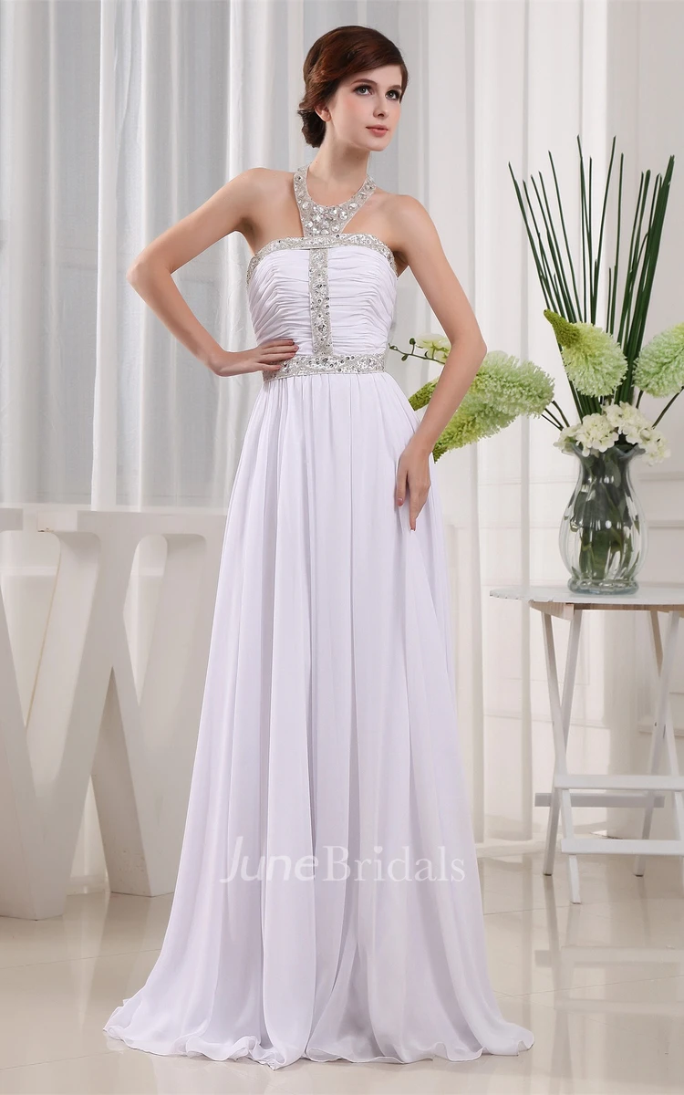 Sleeveless High-Neck Ruched Dress with Pleats and Crystal Detailings