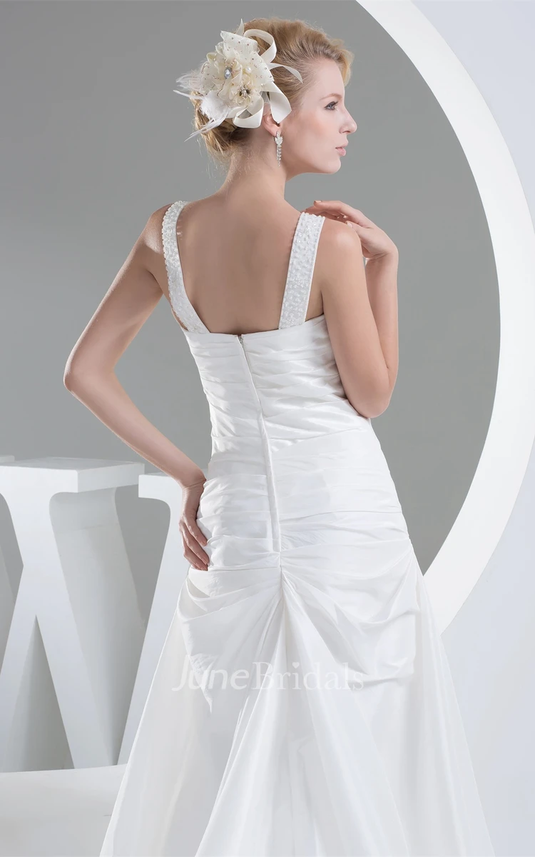 Notched Sleeveless Pick-Up A-Line Gown with Beaded Straps