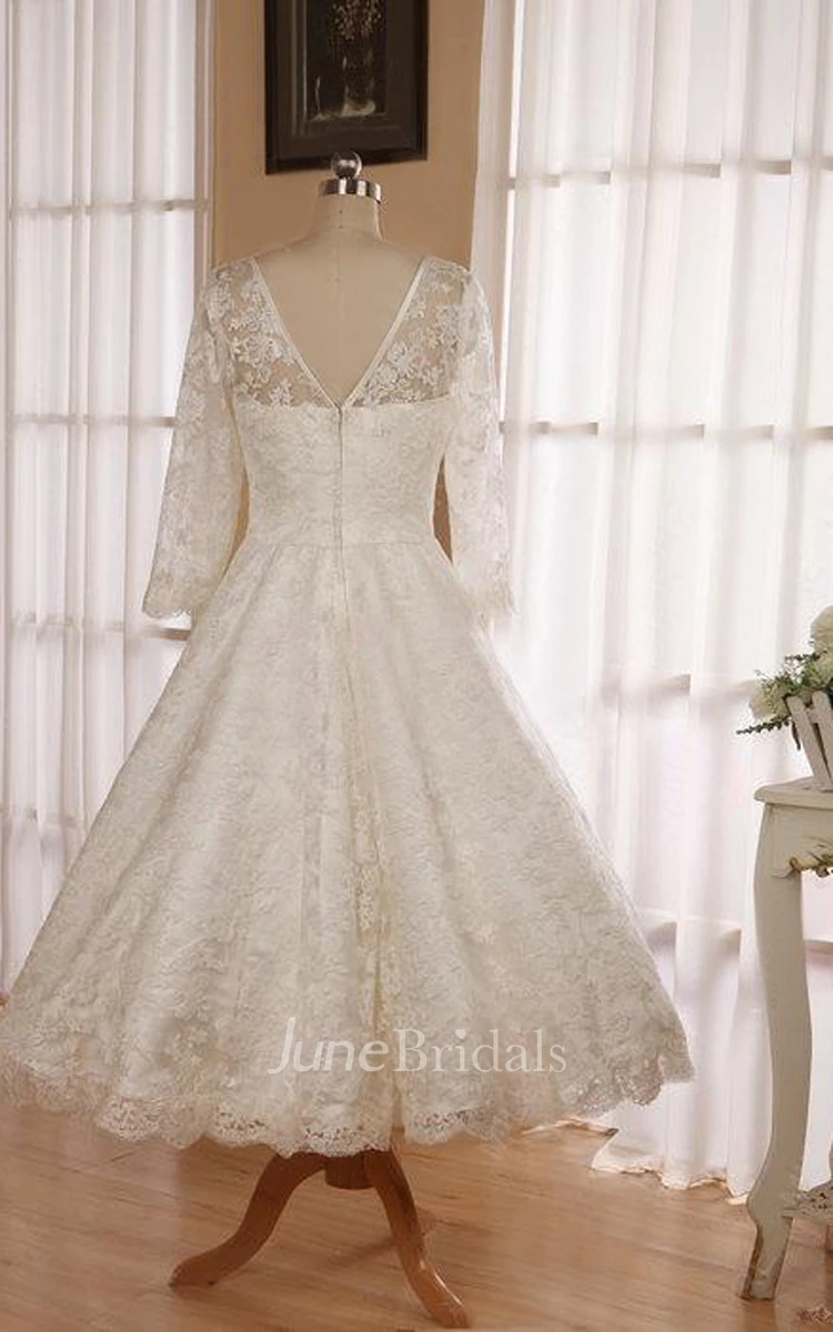 Jewel 3 4 Length Sleeve Low V Back Tea Length Lace Wedding Dress