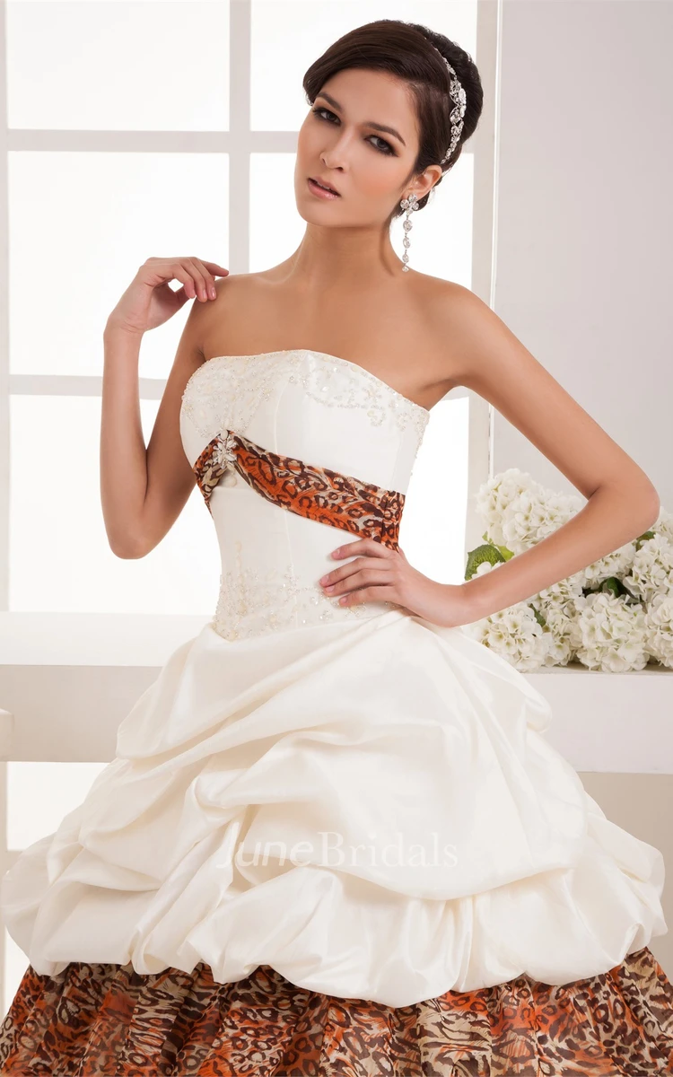 Strapless Leopard Pick-Up Gown with Tiers and Appliques