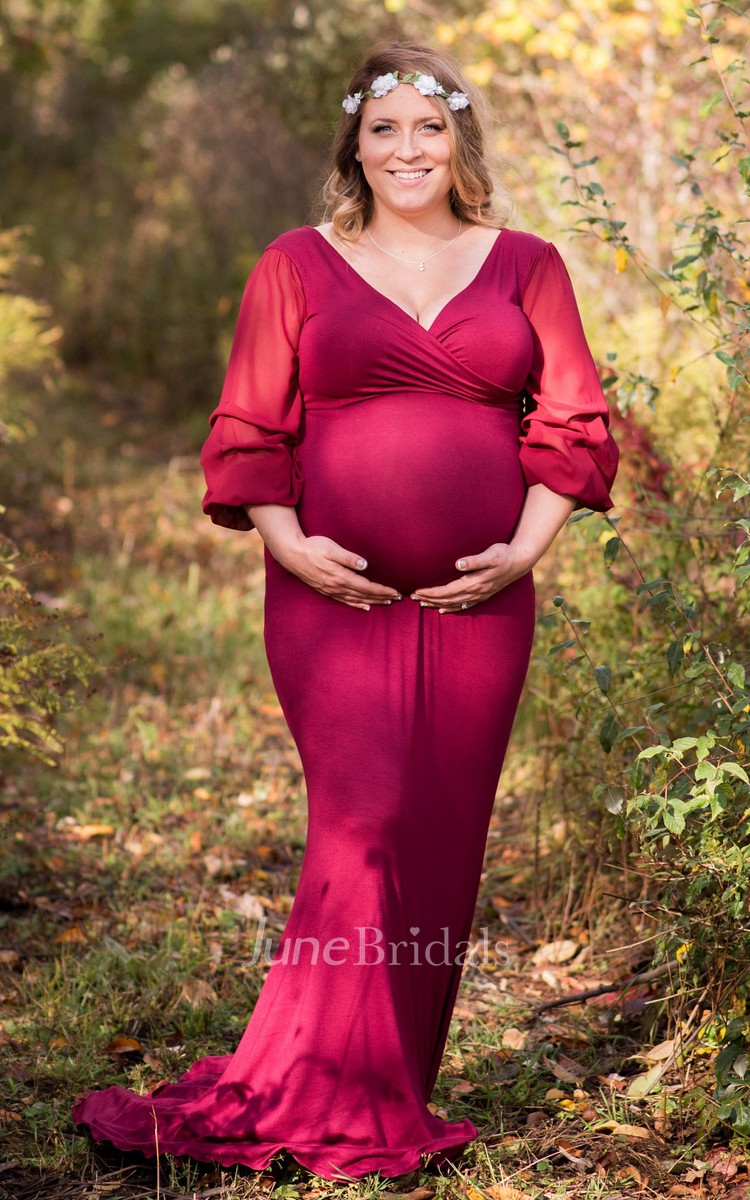 Puff Long Sleeve V neck Long Jersey Maternity Dress