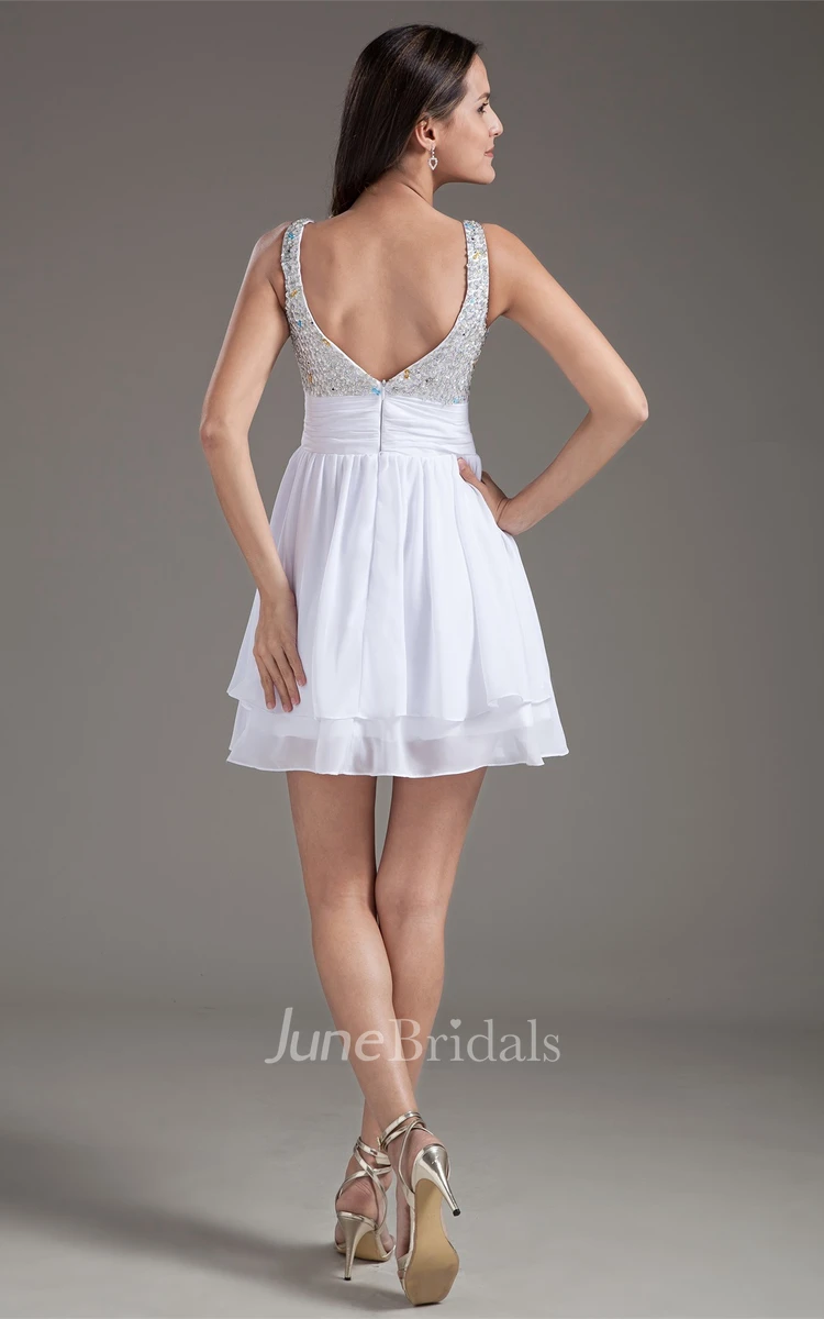 strapped a-line mini dress with jeweled top and pleats
