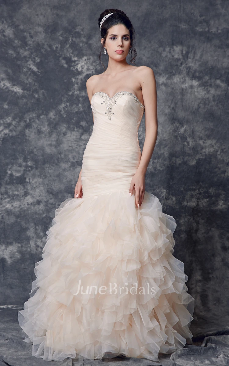 Shinning Lace Sweet Neck Ruched Long Organza Gown With Court Train