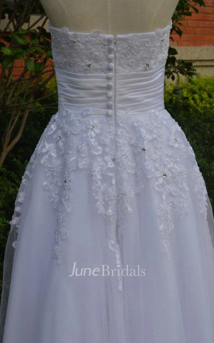 Strapless Button Back Tea-Length Satin Wedding Dress With Appliques And Ruching