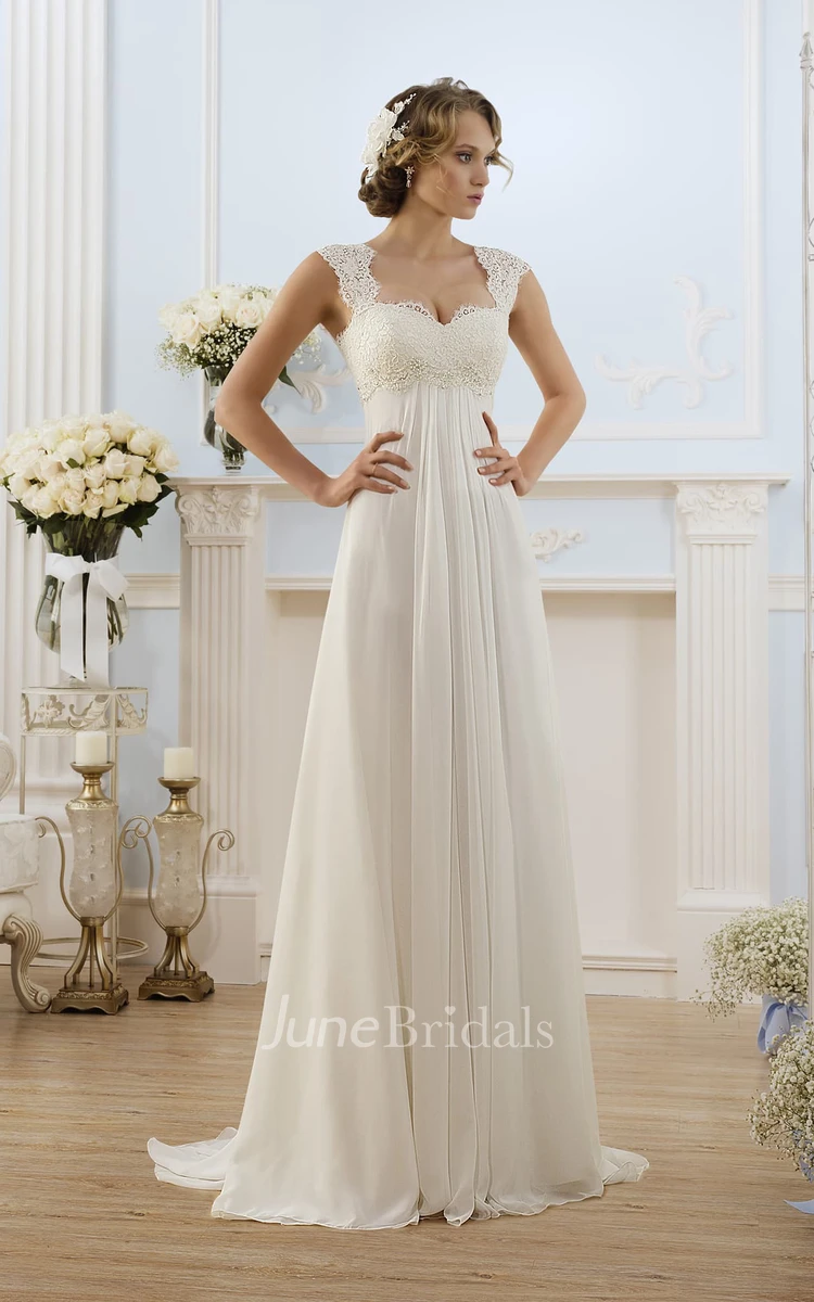 A-Line Long Cap-Sleeve Keyhole Chiffon Dress With Lace - June Bridals