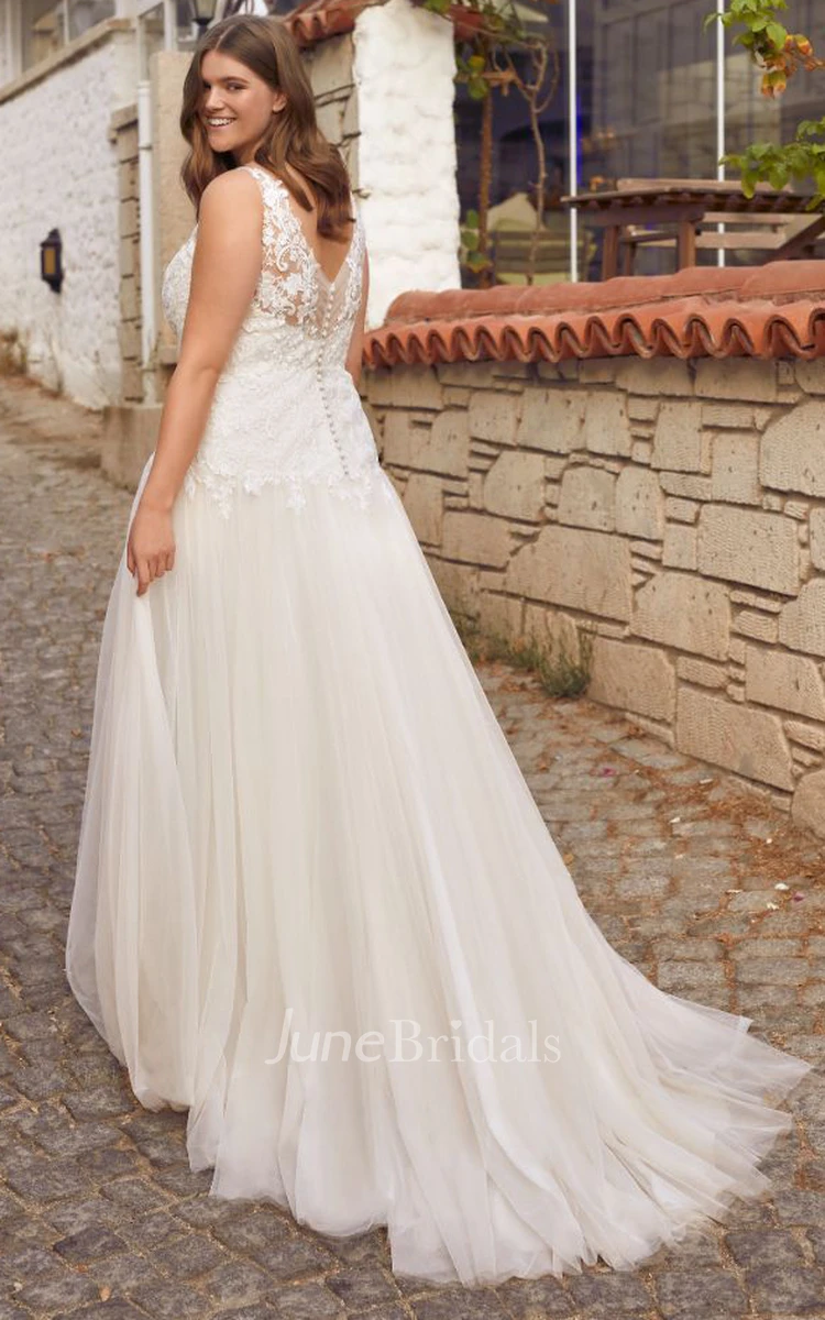 Modern Lace Sleeveless Court Train A Line V-neck Wedding Dress with Appliques