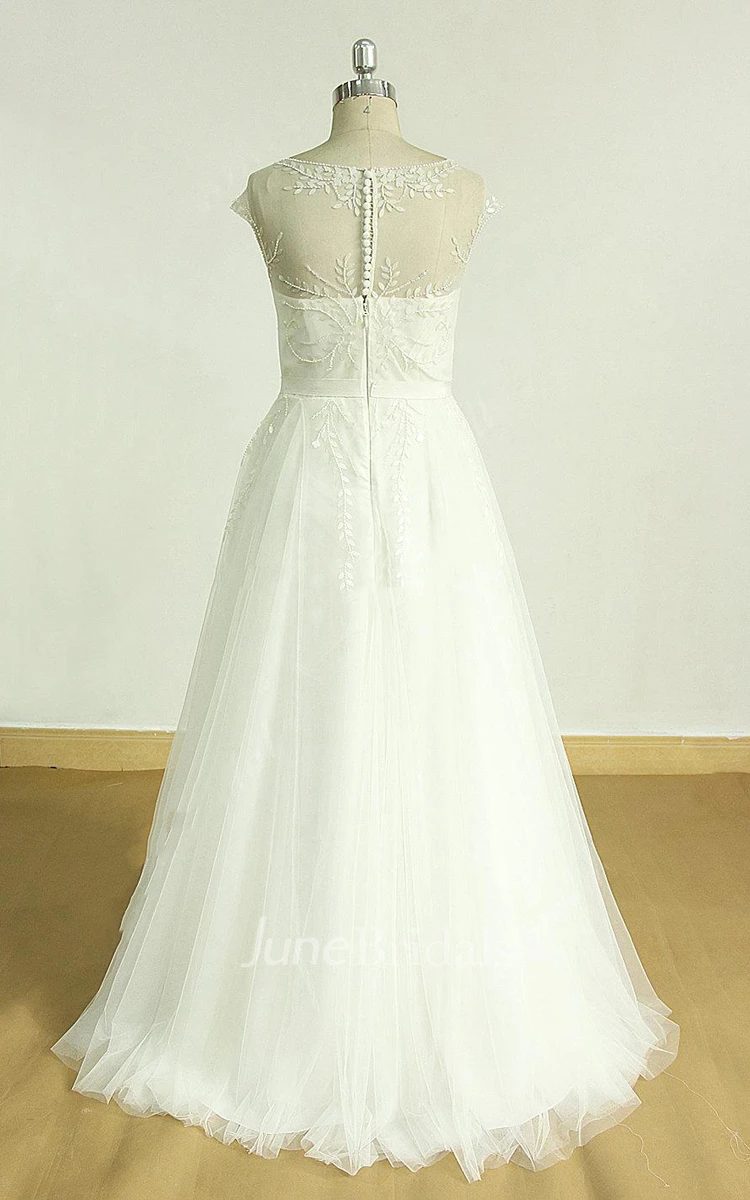 A-Line Tulle Satin Weddig Dress With Beading Illusion