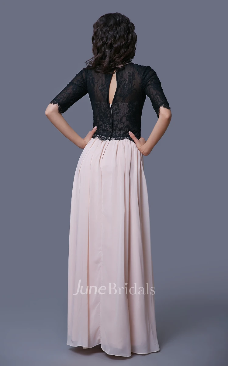 Lace and Chiffon A-Line Floor Length Dress With Half Sleeves and Jeweled Neck