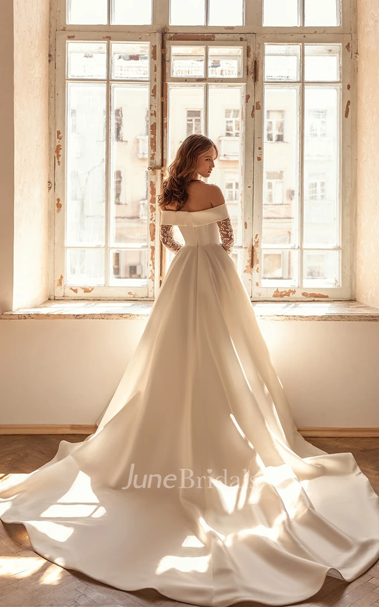 Romantic A Line Satin Wedding Gown with Appliques