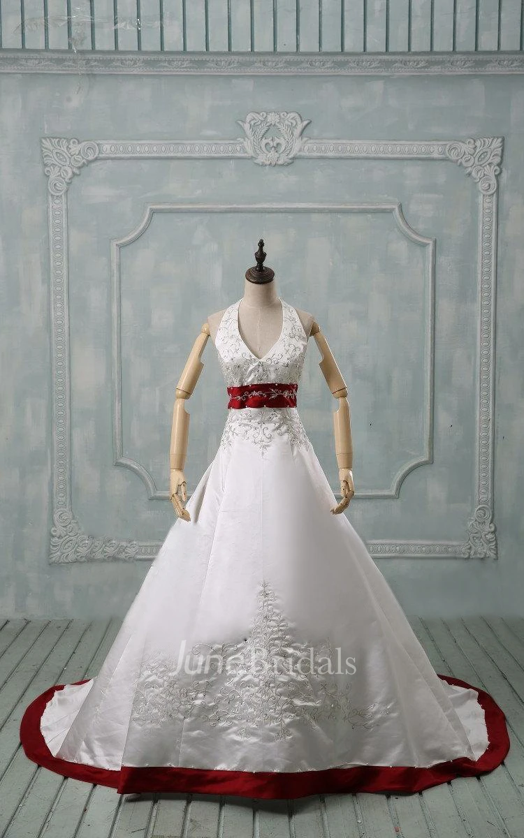 Halter Sleeveless Long Satin Wedding Dress With Sash And Lace-Up Back