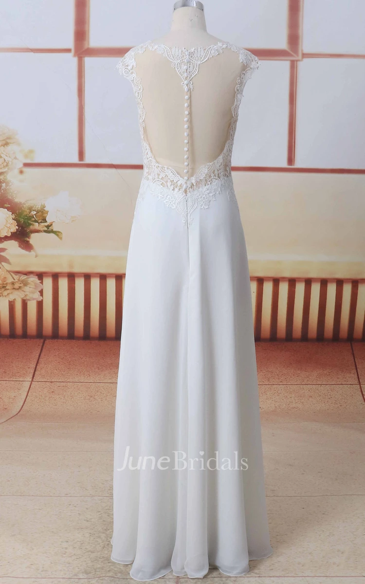 Cap Sleeve Scoop Neck Front Split Lace Chiffon A-line Wedding Dress With Illusion Button Back