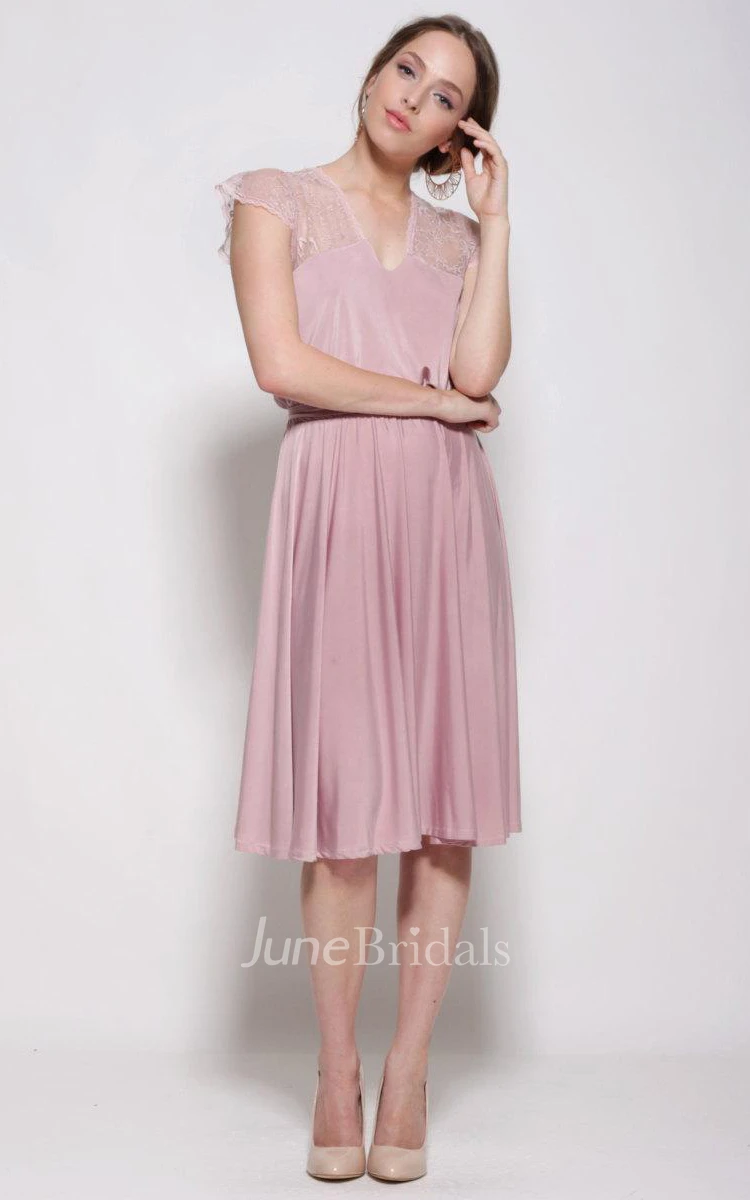 Knee-length Bell Sleeve Lace&Jersey Dress