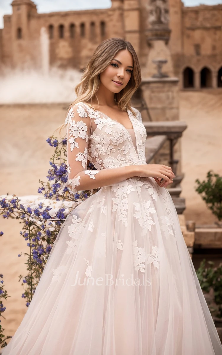 Fairy Elegant Boho Spring A-Line Lace V-Neck Wedding Dress with Sheer Long Sleeve Modern Floral Triangular Cutout Back Appliques Bridal Gown