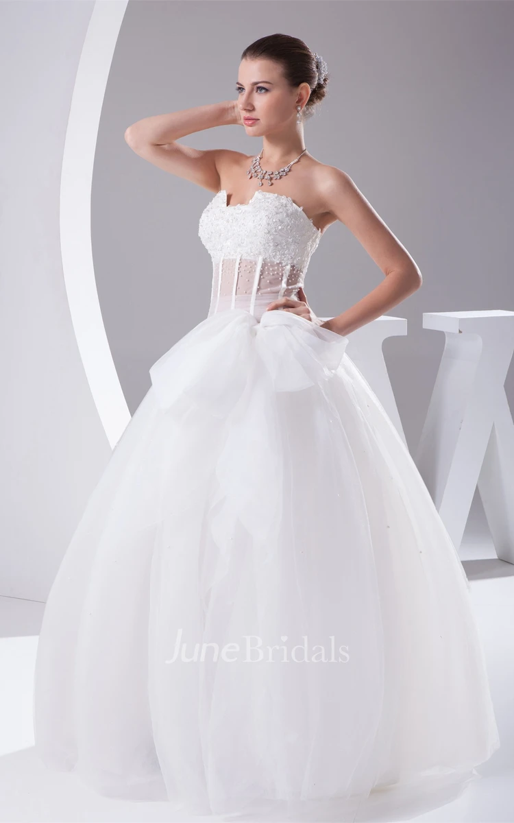 Notched Strapless Tulle A-Line Dress with Bow and Illusion Waist