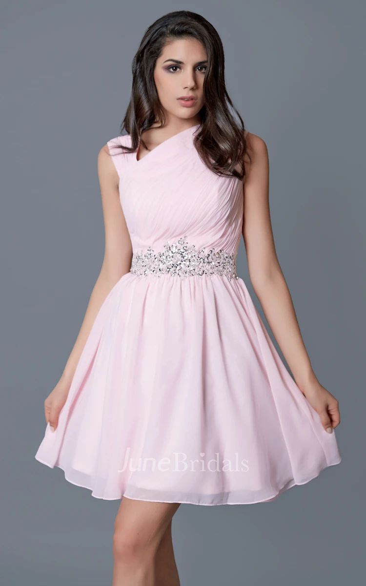 Vibrant Ruched Cap-sleeved Short Chiffon Dress With Beaded Belt