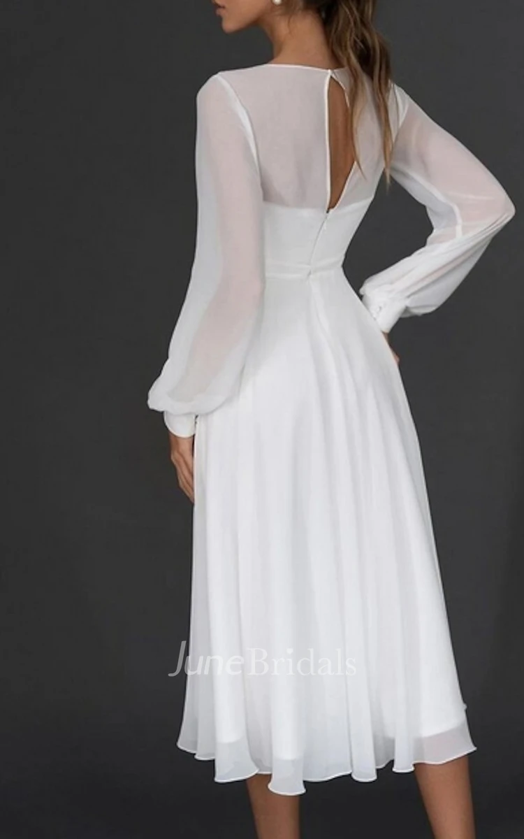 Vintage A-Line Poet Long Sleeve Tea Length Midi Dress for Wedding Simple Sexy Beach Elegant Romantic V-Neck Chiffon Bridal Gown