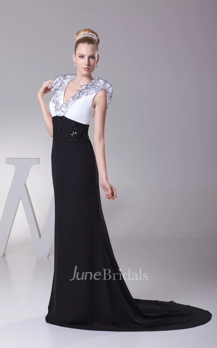 Two-Tone Plunged Sheath Maxi Dress with Beading and Ruffles