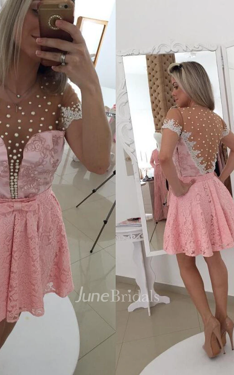 Sexy Short Sleeve Pink Cocktail Dress Lace Pearls