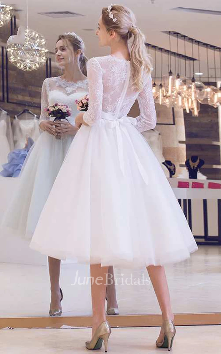 1950S Vintage Boho Lace Long Sleeve Wedding Dress Simple Modest Tea Length Jewel Neck Pleated Bridal Gown