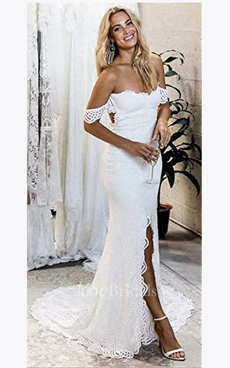 Mermaid Lace Off-the-shoulder Wedding Dress Casual Elegant Romantic Garden With Open Back And Short Sleeves And Split Front