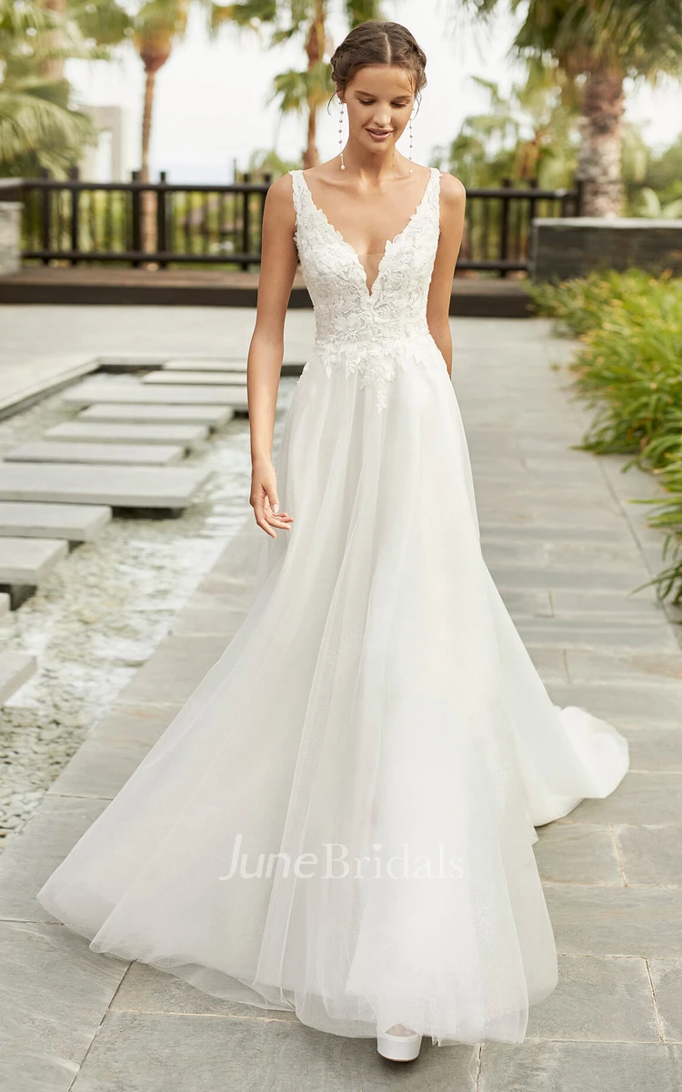 Sexy Sleeveless Plunging Neckline With Cathedral Train A-line Lace