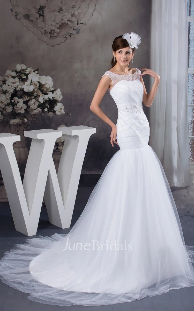 Mermaid Tulle A-Line Dress with Beaded Waist and Illusion Neckline