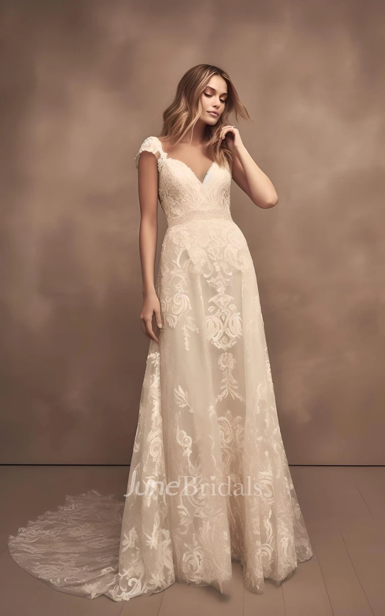 2024 A-Line Tulle Lace Sleeveless Wedding Dress with Train V-neck V Back Country Garden Simple Sexy Elegant