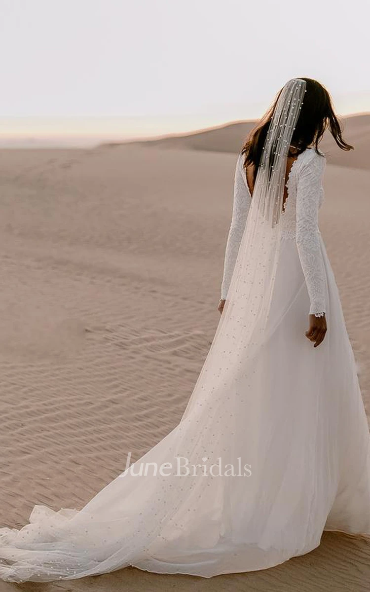 Bohemian Chiffon Lace V-neck A Line Long Sleeve Wedding Dress with Deep-V Back 