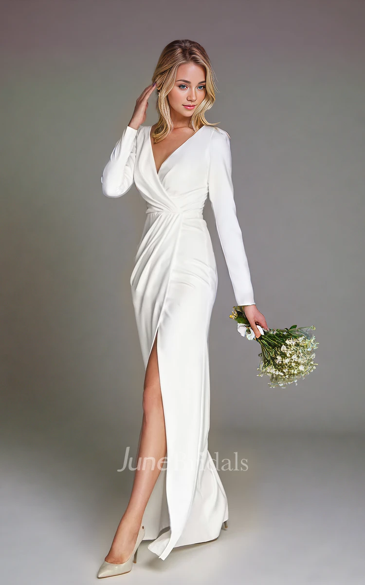 Simple Sexy Floor-length V-neck Long Sleeve Sheath Reception Split Wedding Dress Zipper Back