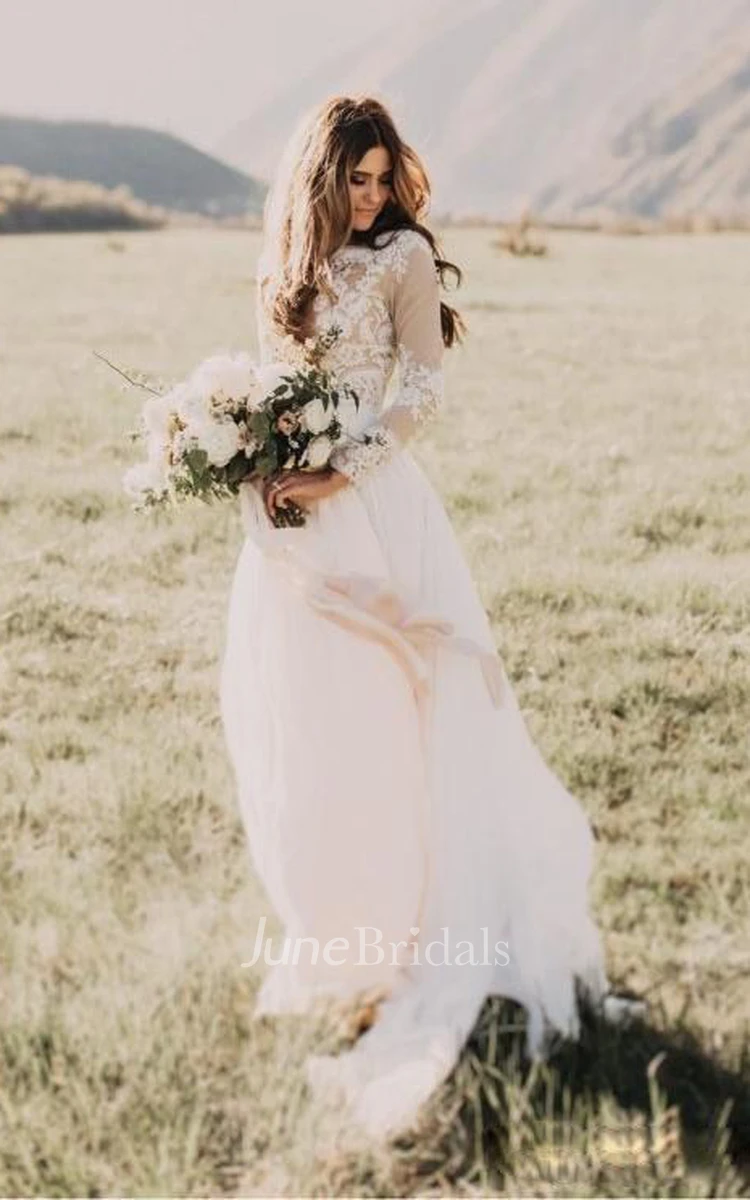 Elegant Floral Long Sleeve Boho Rustic Western Wedding Dress