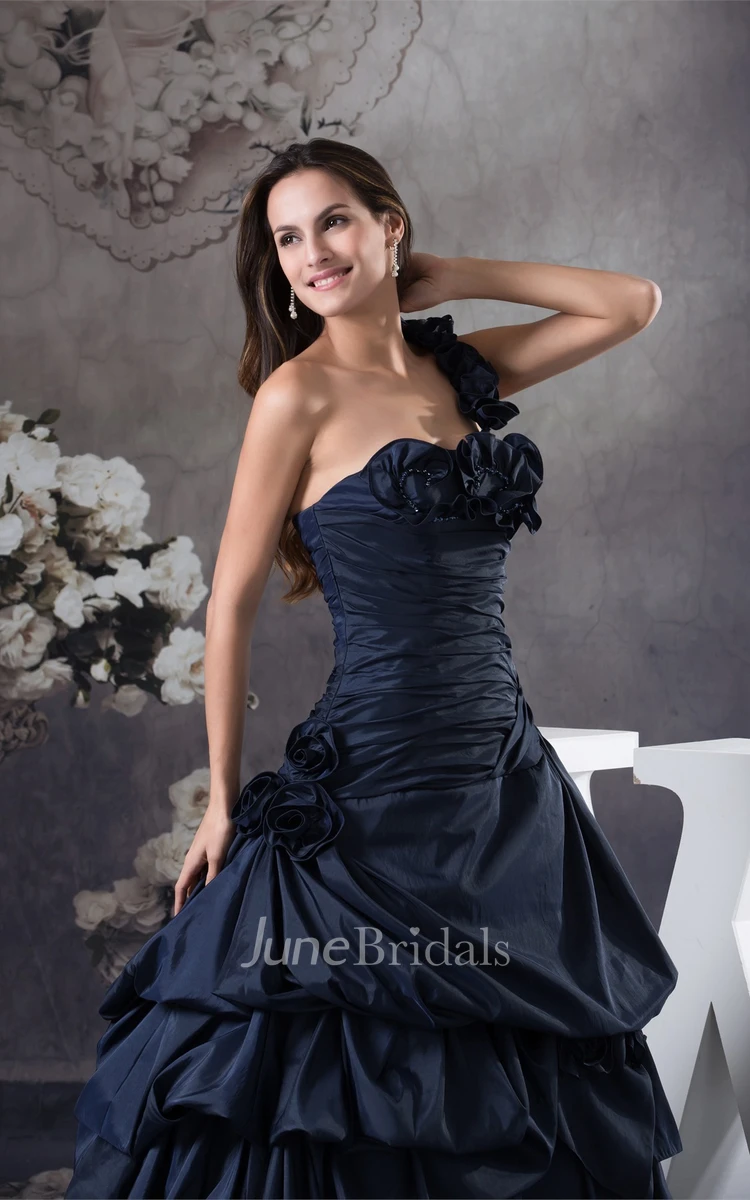 Sleeveless Pick-Up Ruffled Ball Gown with Ruching and Floral Strap