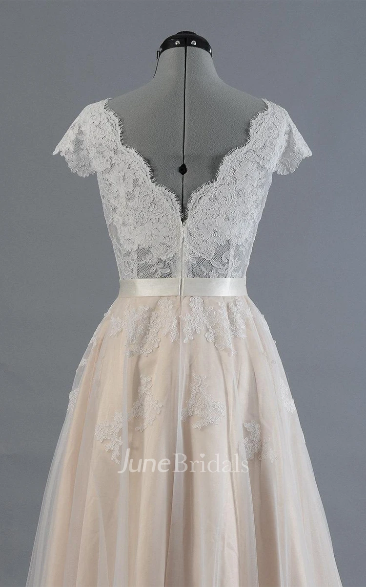 Cap Sleeve V-Neck Lace Wedding Dress With Tulle Skirt and V-Back