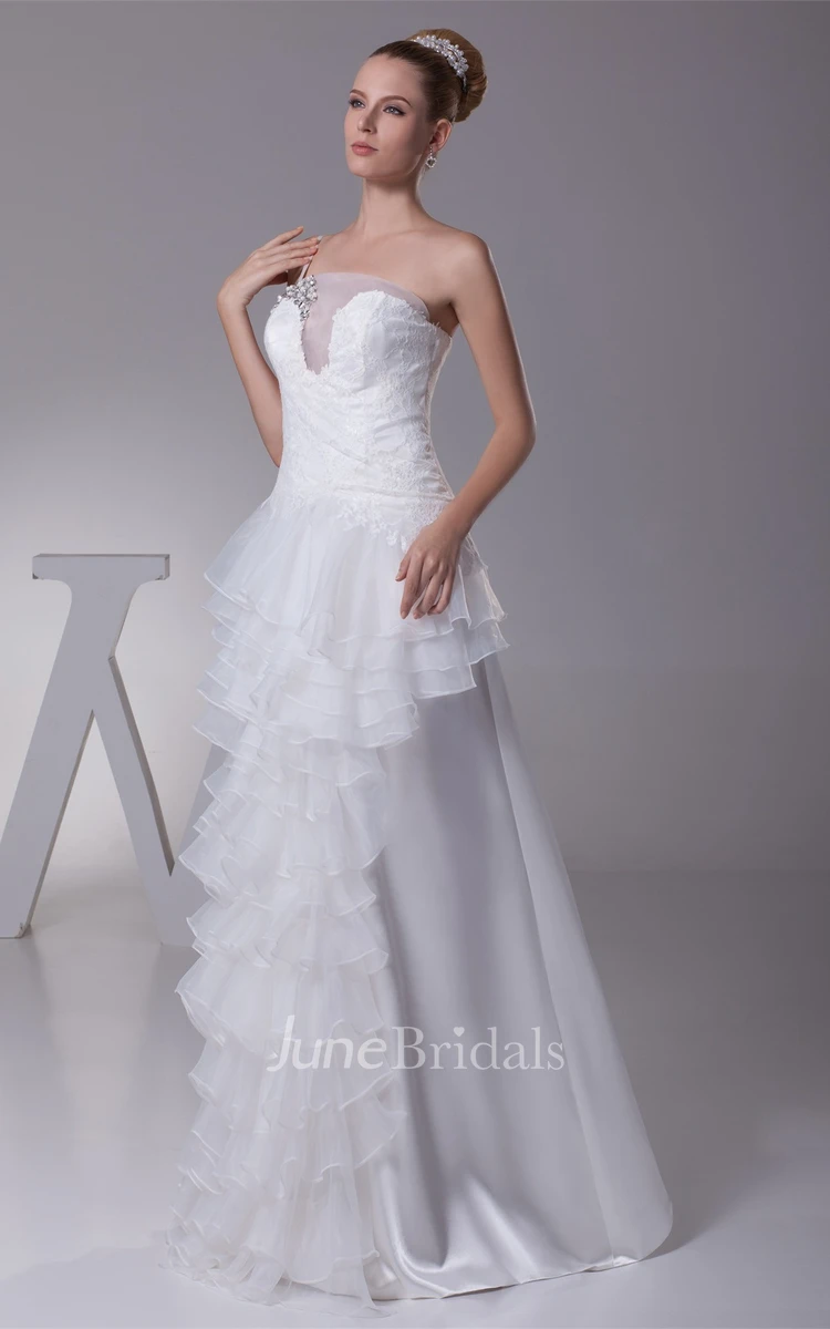 Single-Strap Tiered Floor-Length Dress with Beading and Appliques