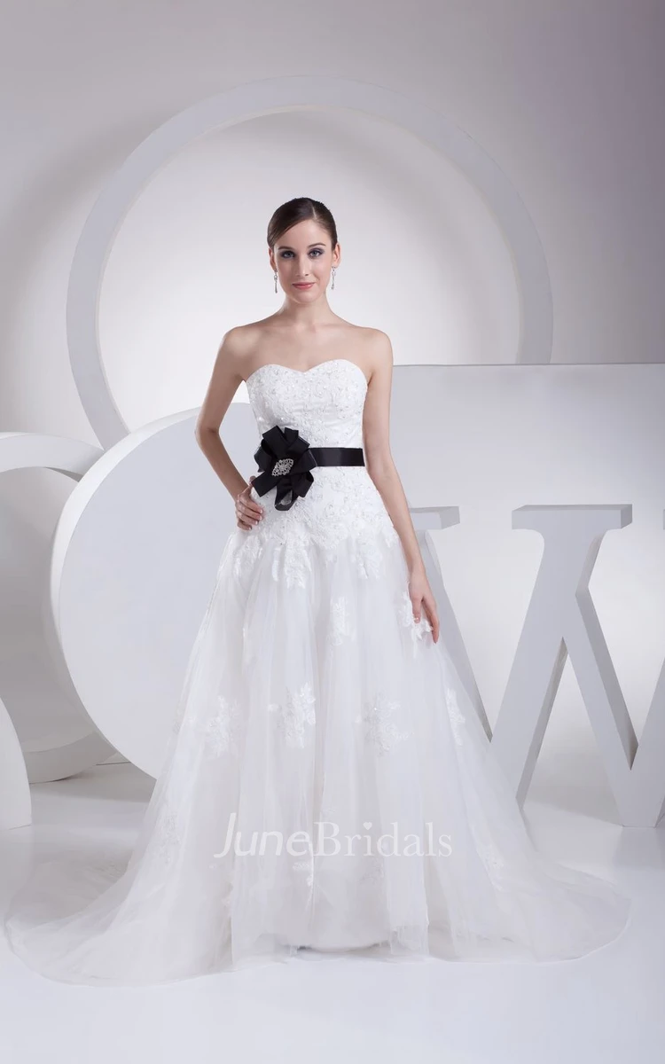 Strapless Appliqued Tulle A-Line Dress With Beading and Corset Back