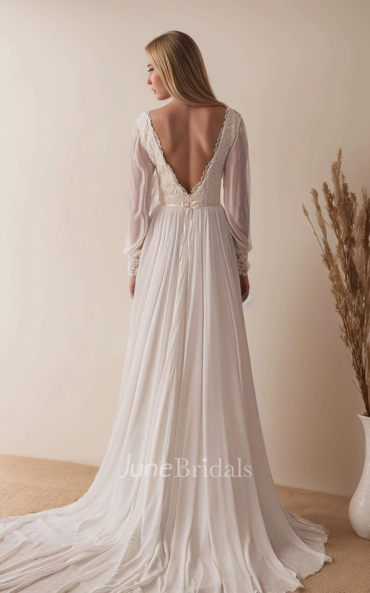 Flowy Floral Boho Lace Long Sleeve A-Line Fall Wedding Dress Elegant Vintage V Neck Low Back Split Front Court Train Chiffon Bridal Gown with Sash