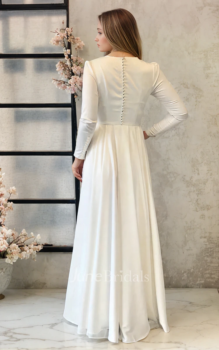Sheath Elegant Satin Bateau Modest Floor Length Dress With Button Down
