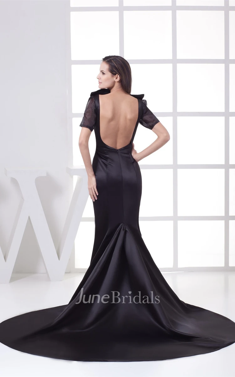 Half-Sleeve Satin Mermaid Dress with Court Train and Keyhole Back